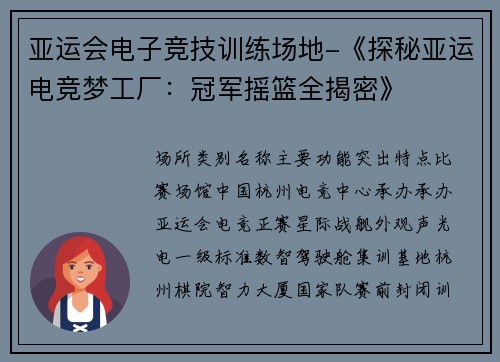 亚运会电子竞技训练场地-《探秘亚运电竞梦工厂：冠军摇篮全揭密》