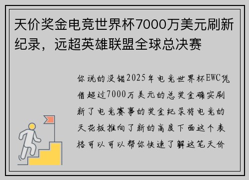 天价奖金电竞世界杯7000万美元刷新纪录，远超英雄联盟全球总决赛